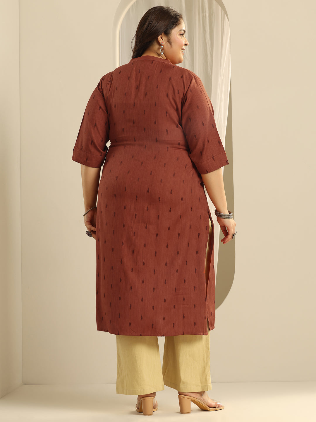Plus Size Rust Woven Design Viscose Straight Kurta