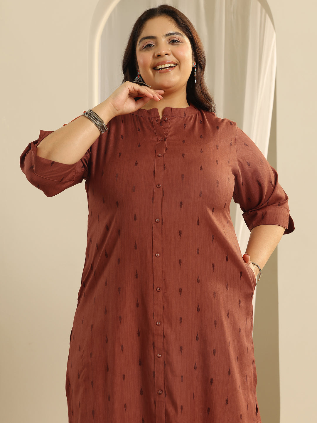 Plus Size Rust Woven Design Viscose Straight Kurta