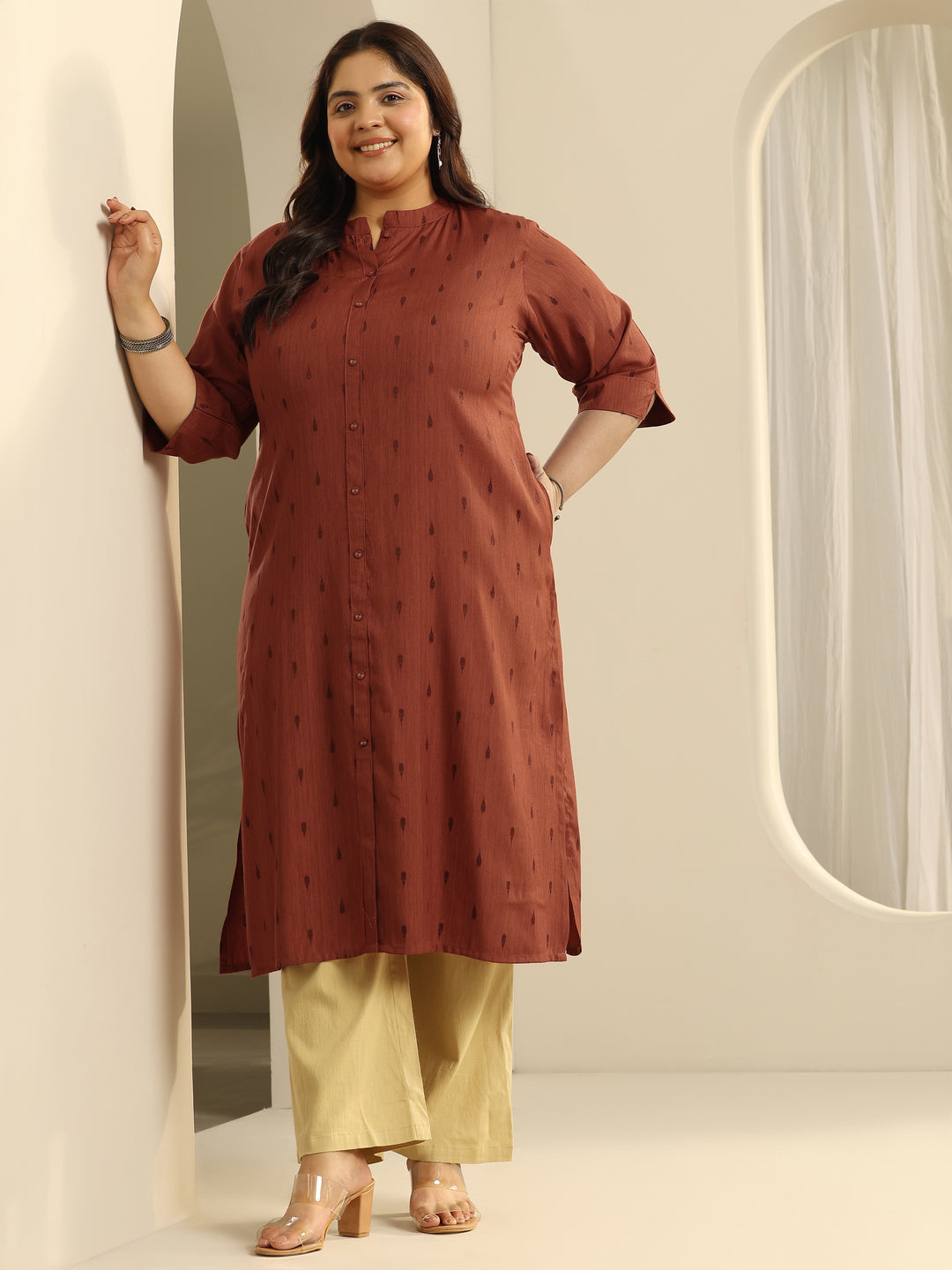 Plus Size Rust Woven Design Viscose Straight Kurta