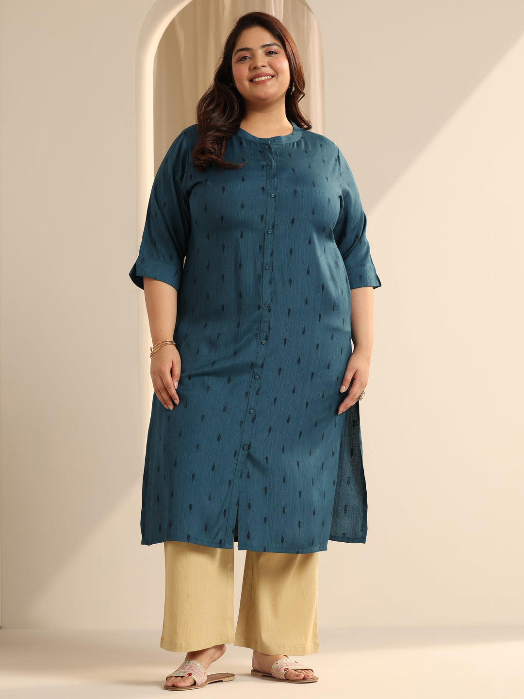 Plus Size Teal Woven Design Viscose Straight Kurta