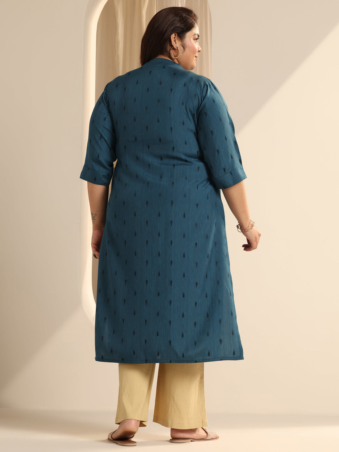 Plus Size Teal Woven Design Viscose Straight Kurta