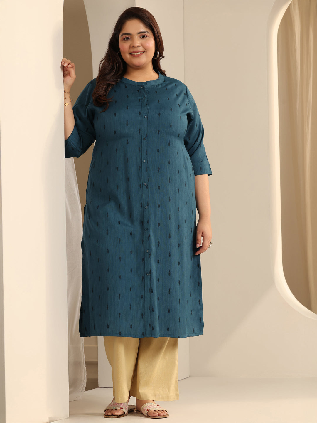 Plus Size Teal Woven Design Viscose Straight Kurta