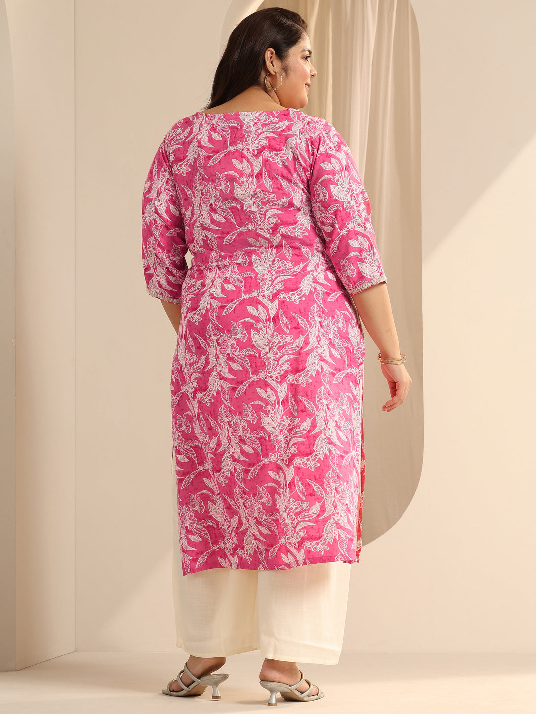 Plus Size Pink Printed Viscose Straight Kurta