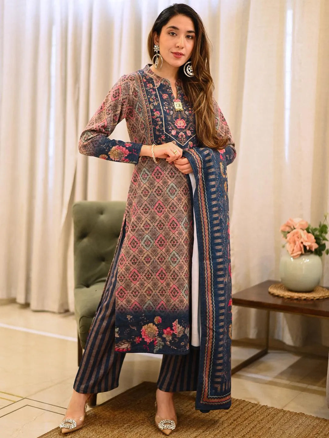 Multicoloured Printed Wool Blend Straight Suit With Dupatta - Libas