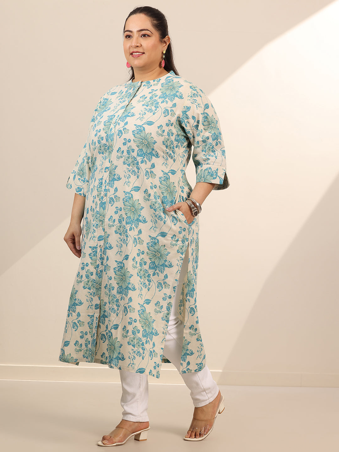 Plus Size Off White Printed Cotton Straight Kurta