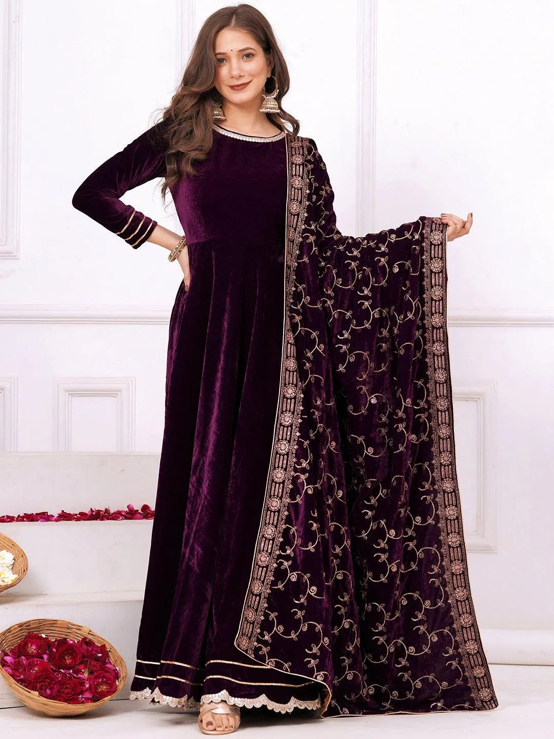 Wine Solid Velvet Anarkali Suit With Dupatta - Main Image