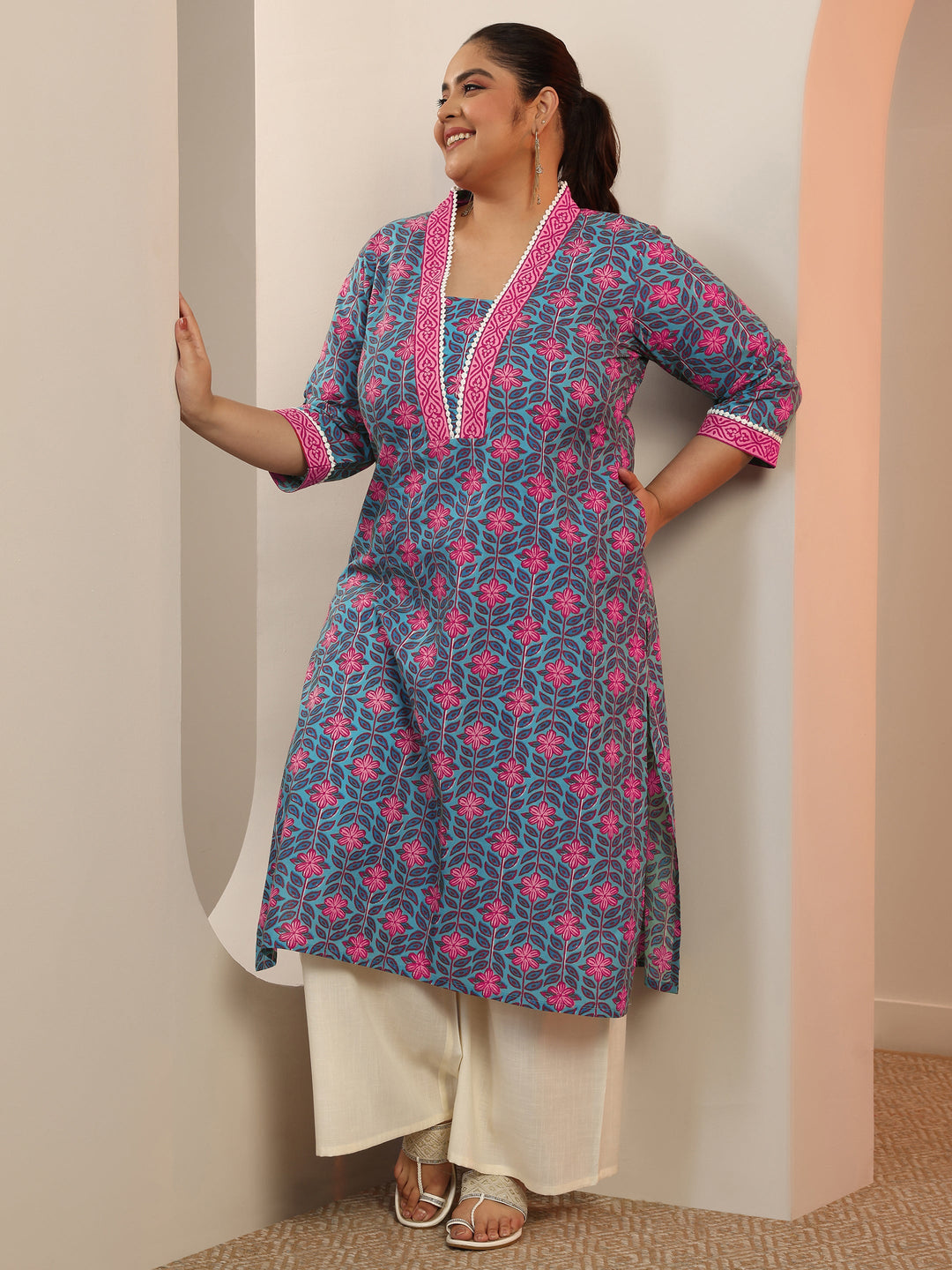 Plus Size Blue Printed Cotton Straight Kurta