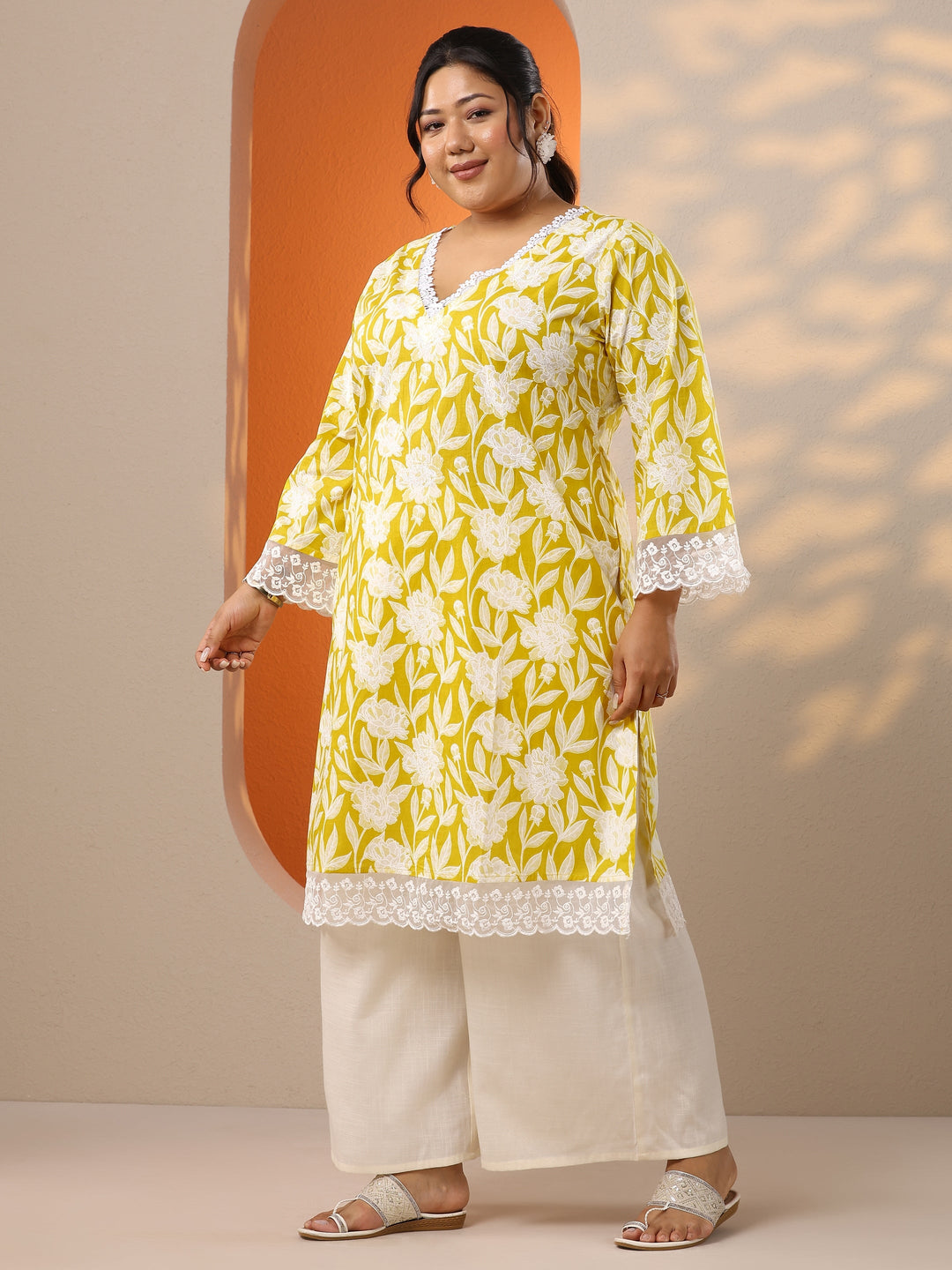 Plus Size Yellow Embroidered Cotton Straight Kurta