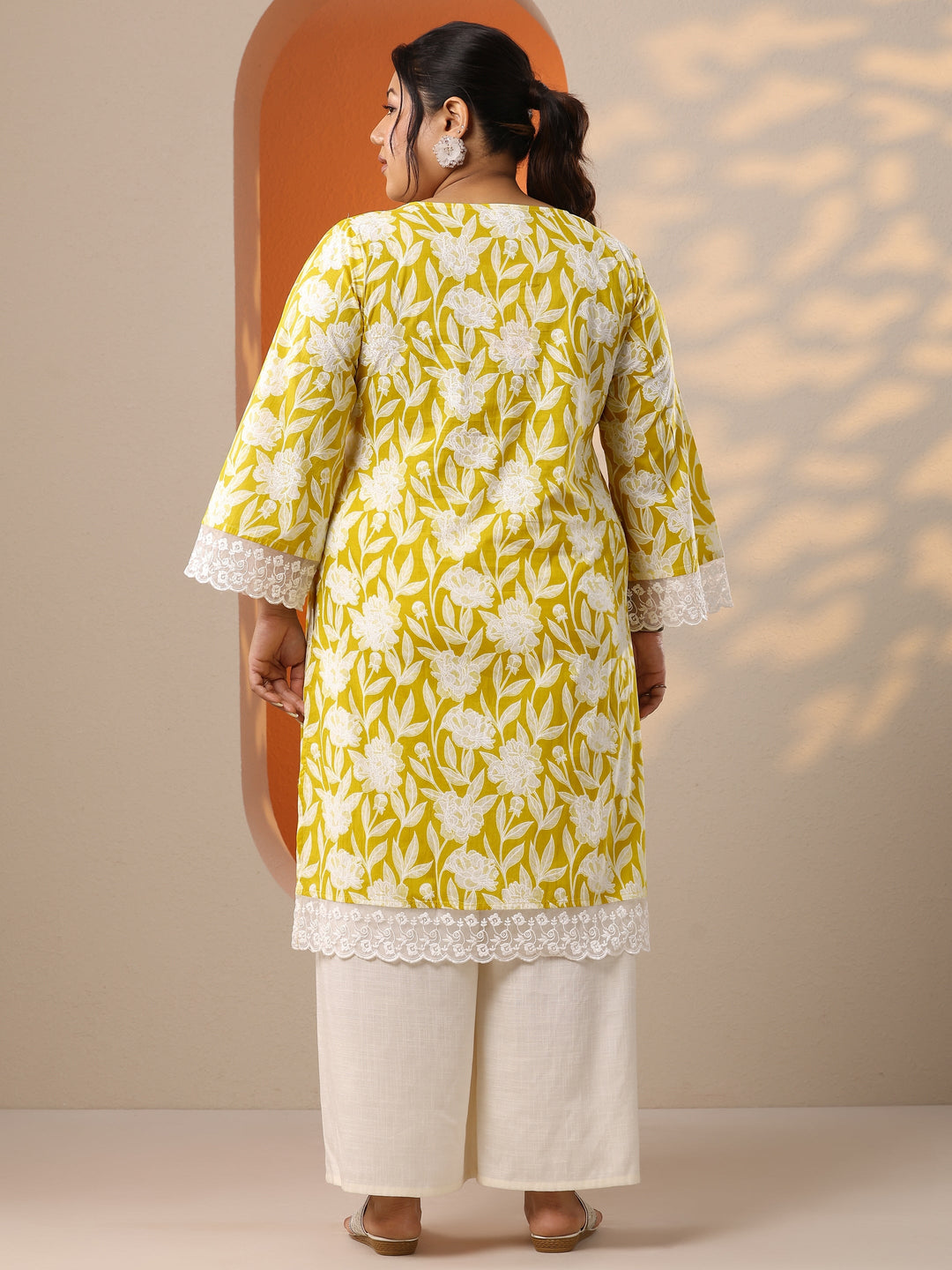 Plus Size Yellow Embroidered Cotton Straight Kurta