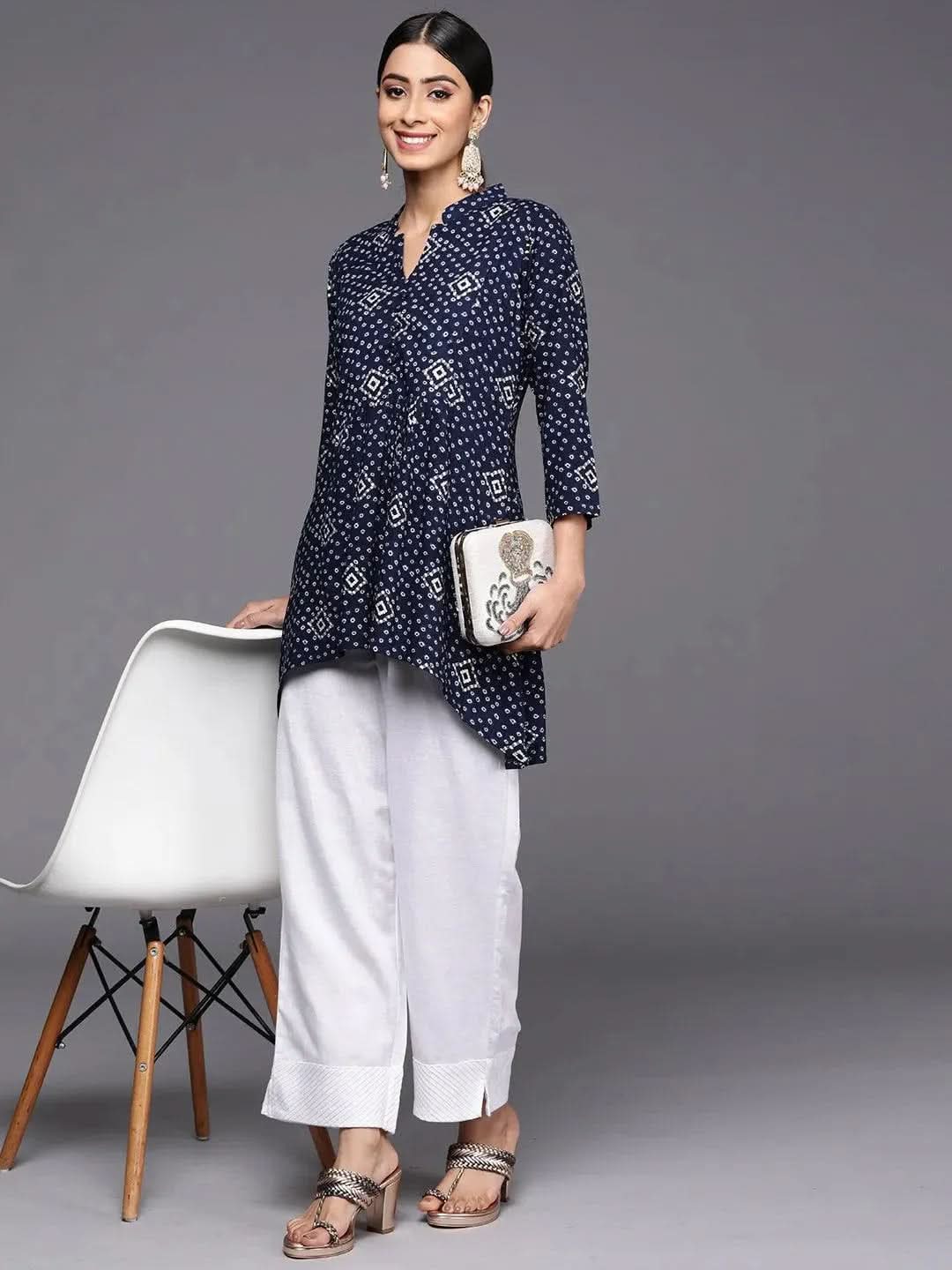 Blue Printed Rayon A-Line Kurti - Libas
