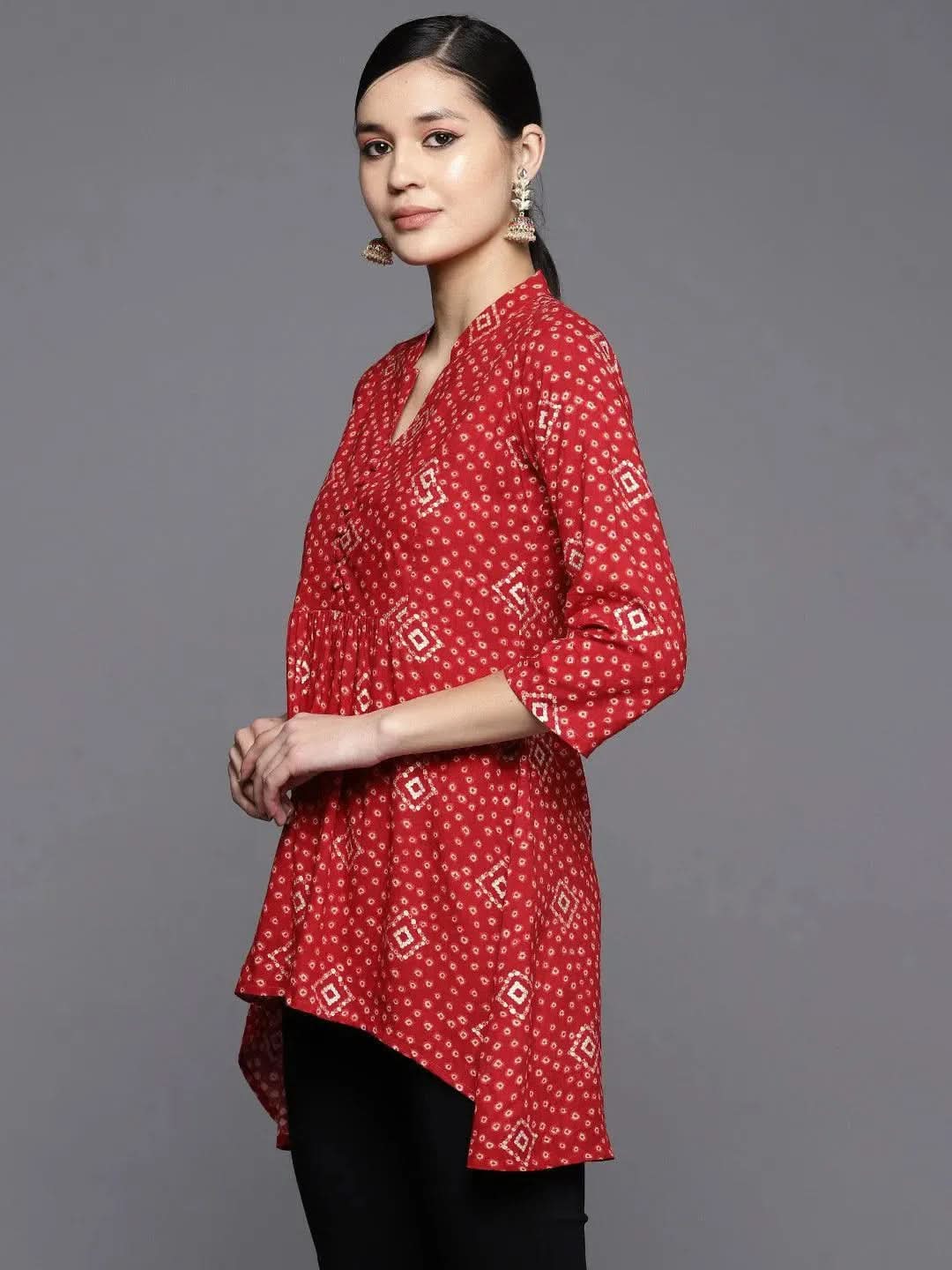 Red Printed Rayon A-Line Kurti - Libas