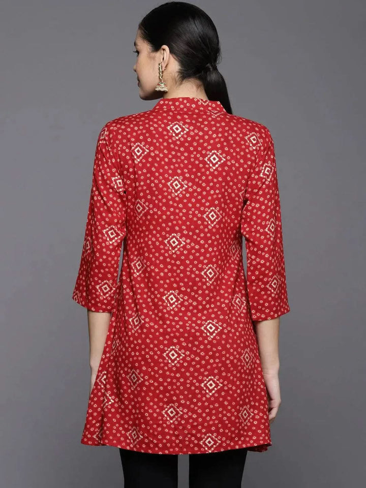 Red Printed Rayon A-Line Kurti - Libas