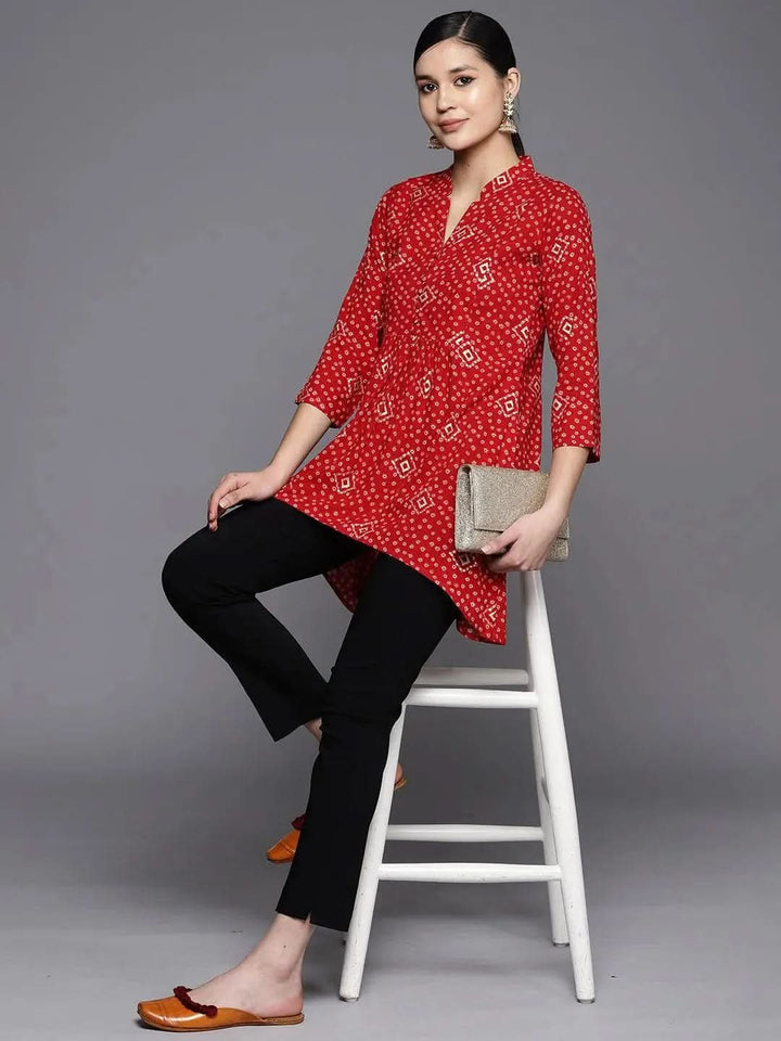 Red Printed Rayon A-Line Kurti - Libas