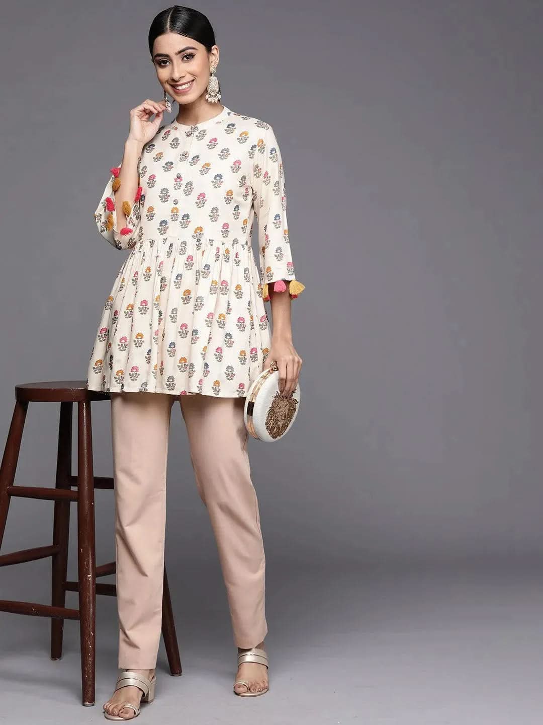 Off White Printed Rayon A-Line Kurti - Libas