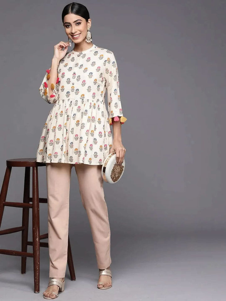 Off White Printed Rayon A-Line Kurti - Libas