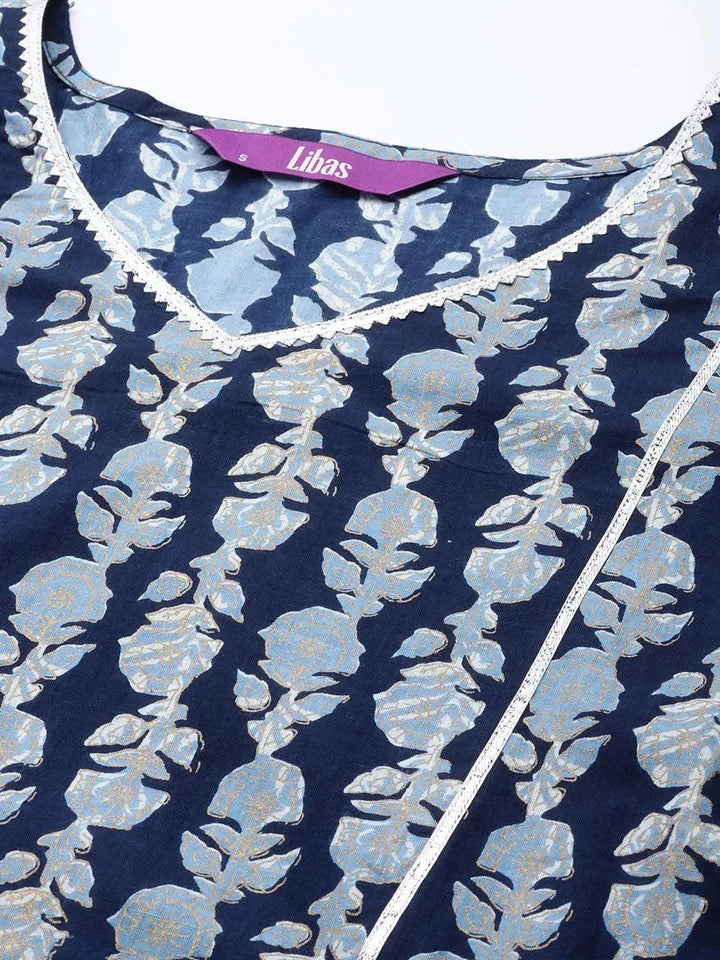 Blue Printed Cotton A-Line Kurti - Libas