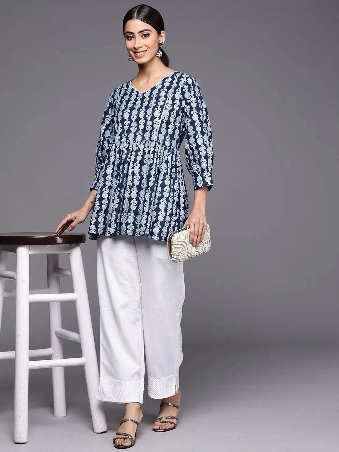 Blue Printed Cotton A-Line Kurti - Libas