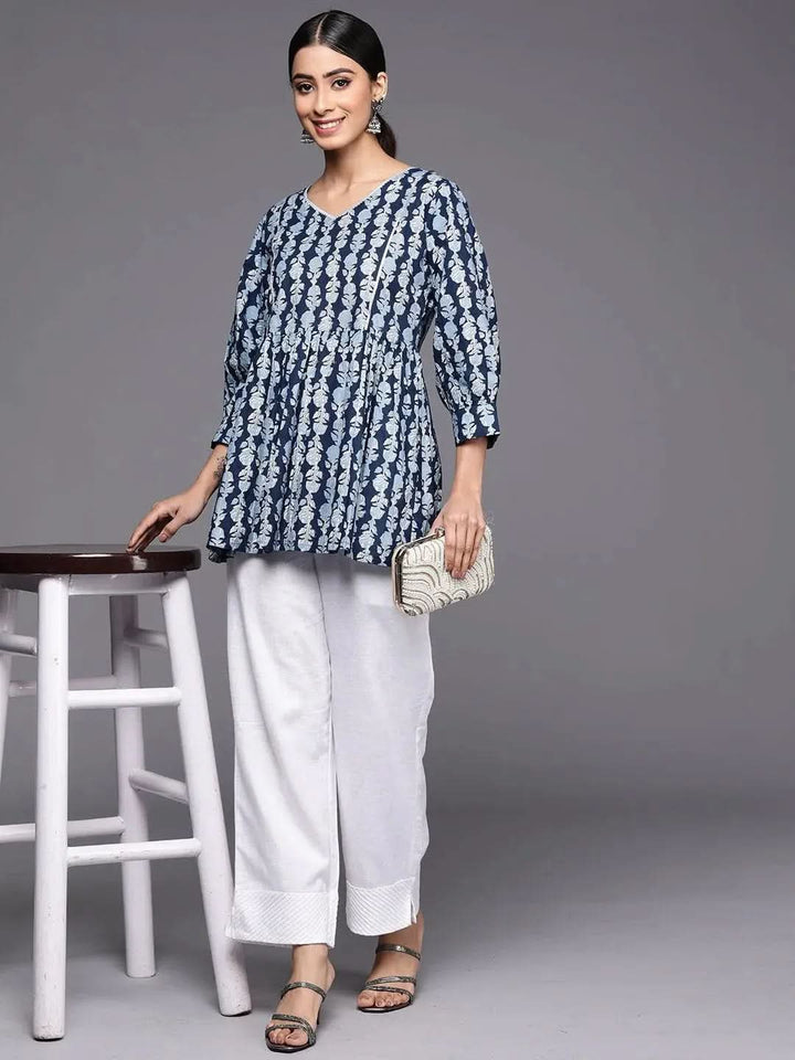 Blue Printed Cotton A-Line Kurti - Libas