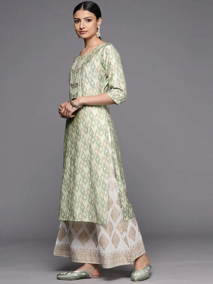 Green Printed Silk Straight Kurta - Libas