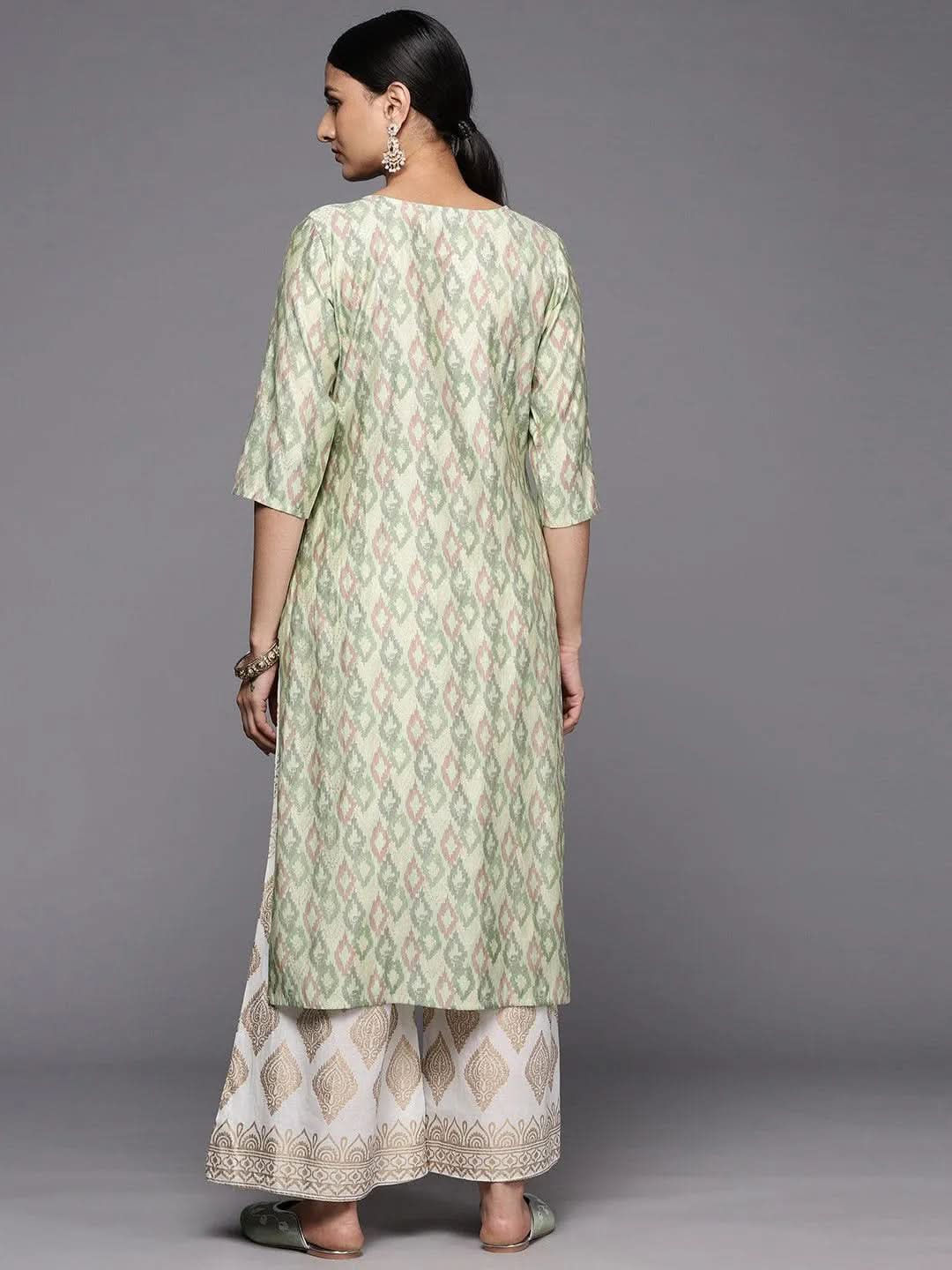 Green Printed Silk Straight Kurta - Libas