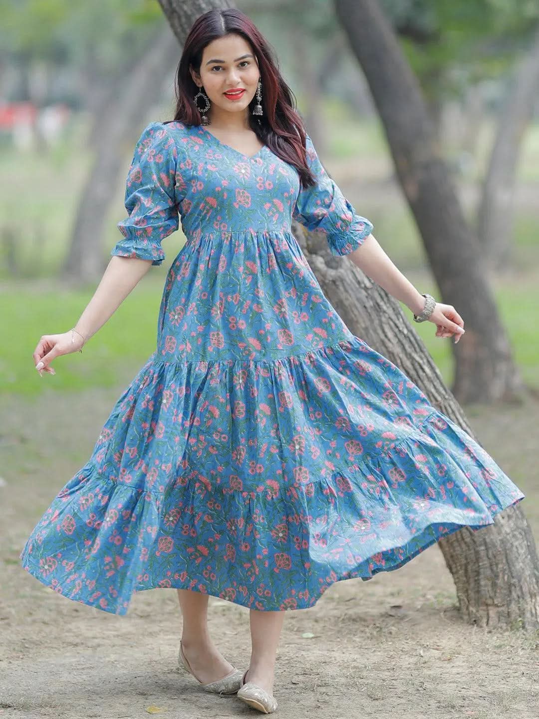 Buy Blue Printed Cotton Fit and Flare Dress Online at Libas