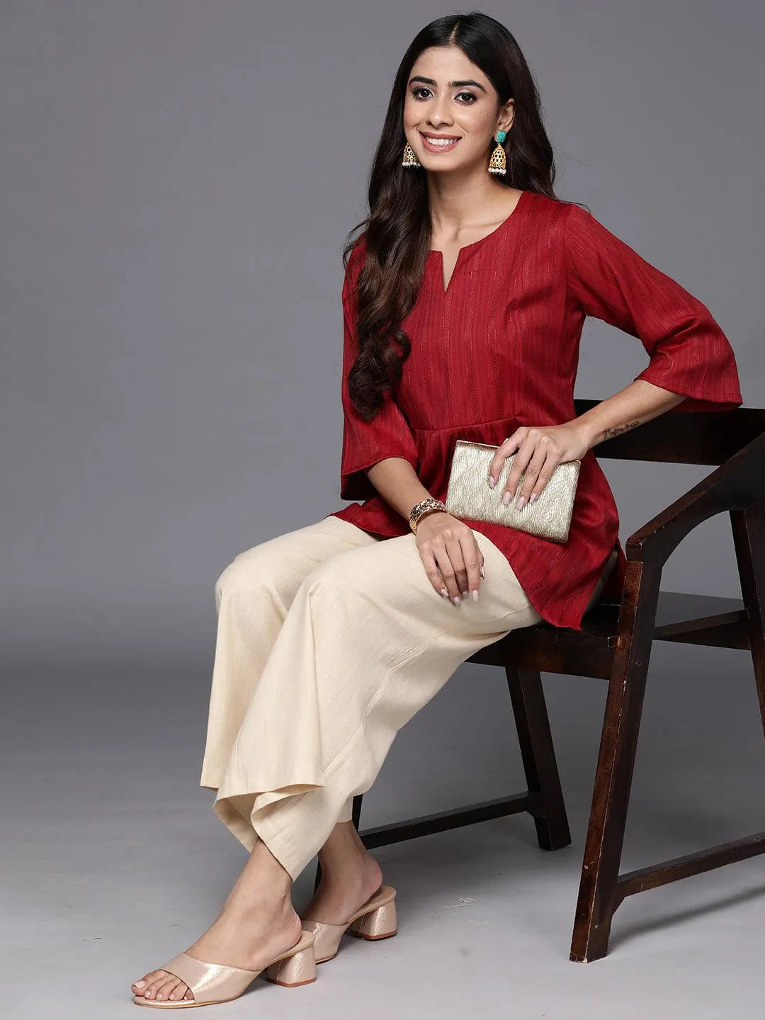 Maroon Woven Design Rayon A-Line Kurti - Libas