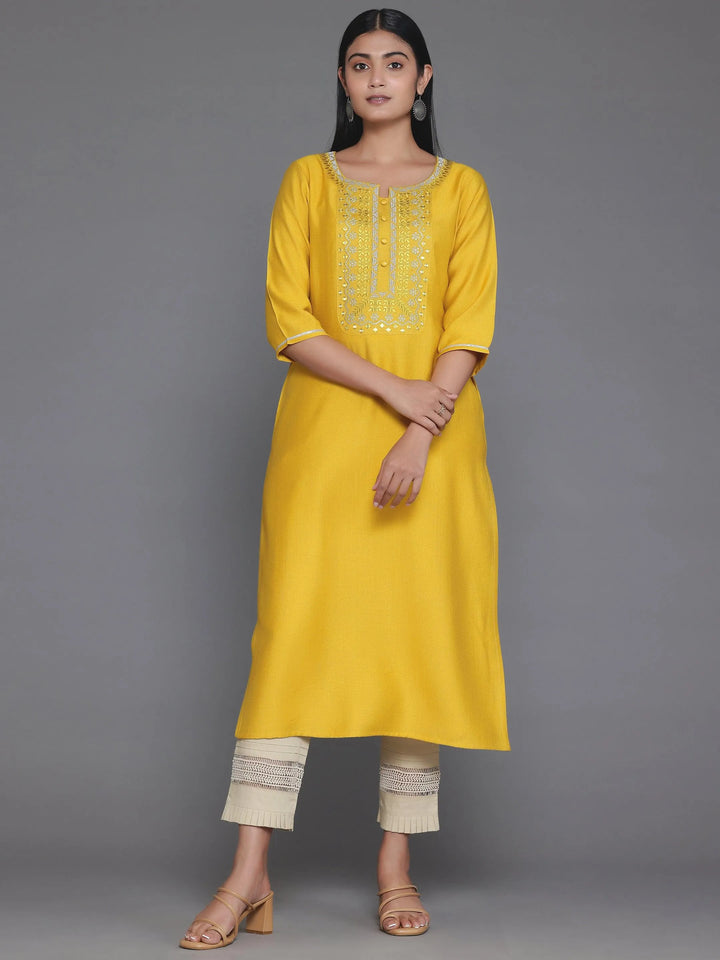 Yellow Yoke Design Silk Straight Kurta - Libas