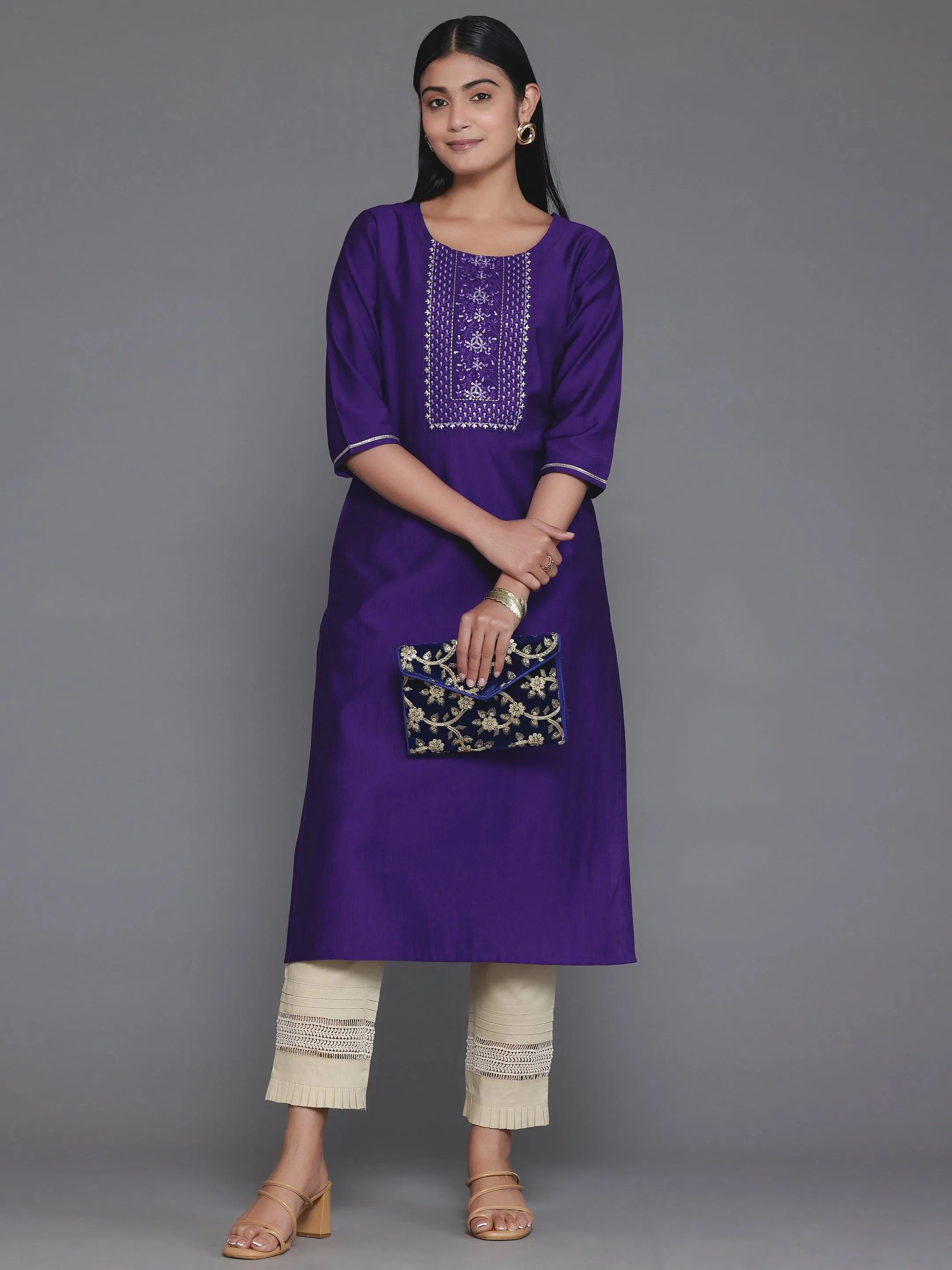 Plus Size Purple Yoke Design Straight Pure Cotton Kurta Set
