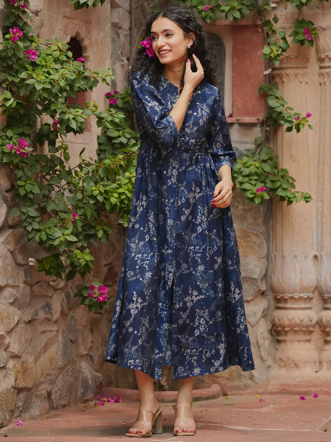 Buy Blue Printed Silk Fit and Flare Dress Online at Rs.999 | Libas Buy Blue Printed Silk Fit and Flare Dress Online at Rs.999 | Libas