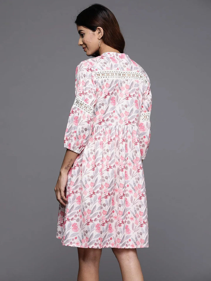 Beige Printed Cotton Fit and Flare Dress - Libas