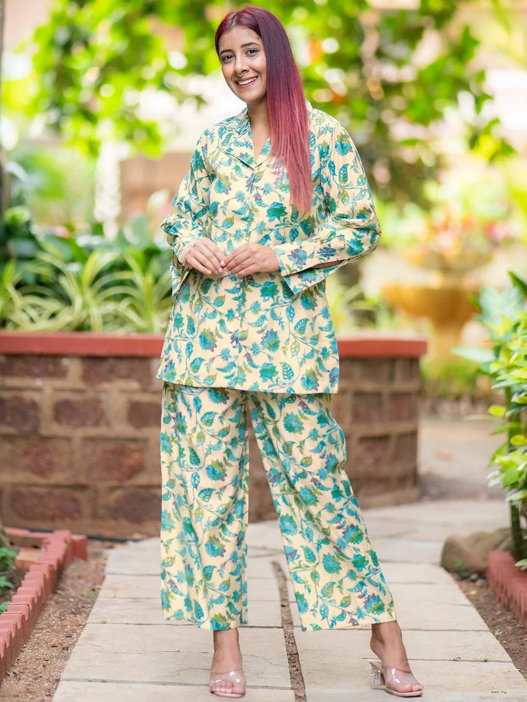 Beige Printed Silk Blend Co-Ords - Libas