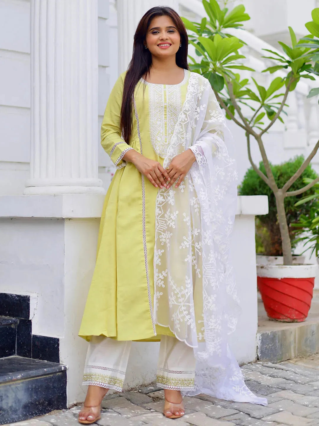 Dark Green - Plain Slub Silk A-Line Kurta with Ikat Patchwork main image 1