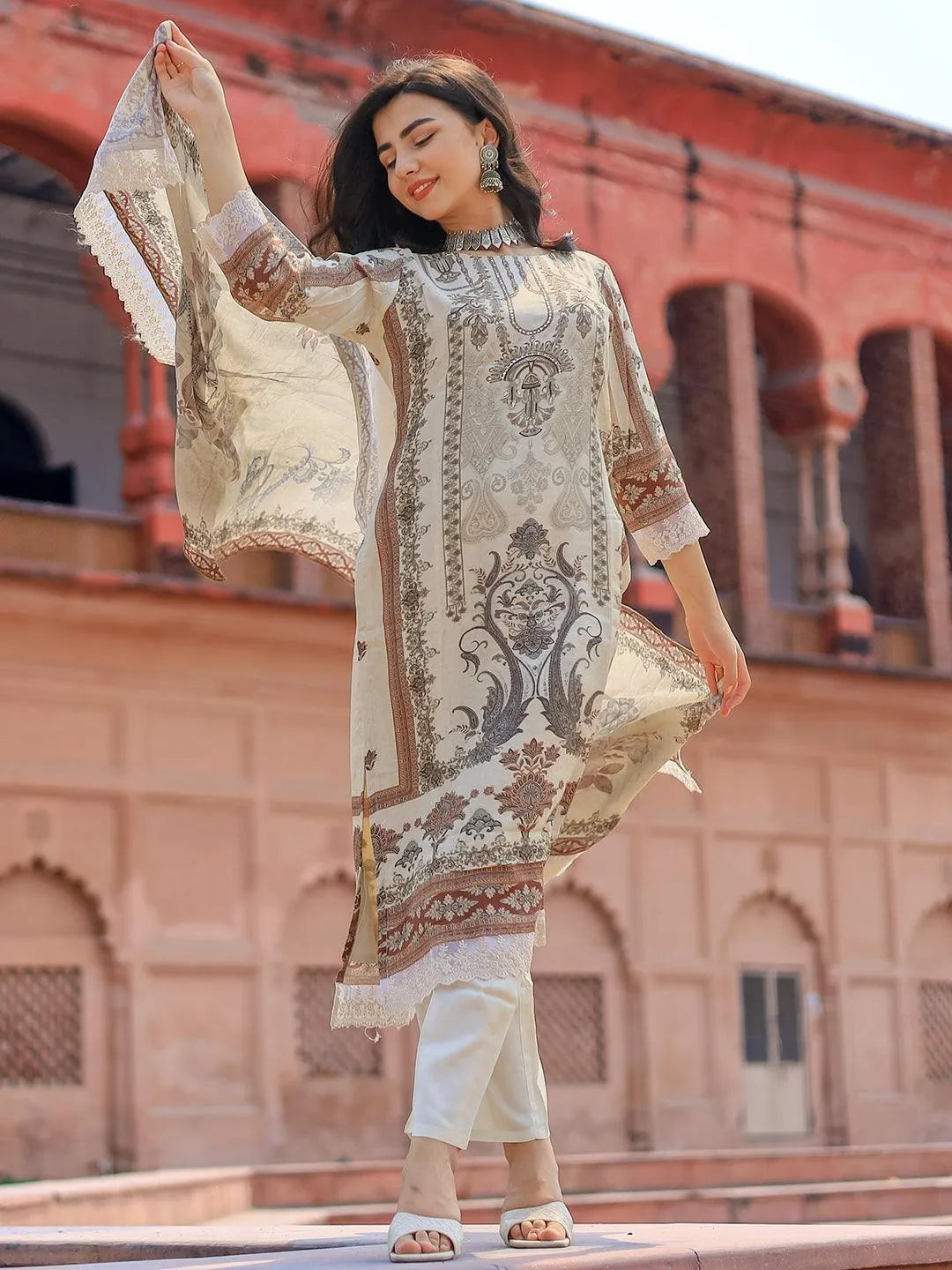 Buy Ivory Printed Silk Blend Pakistani Suit Online at Libas