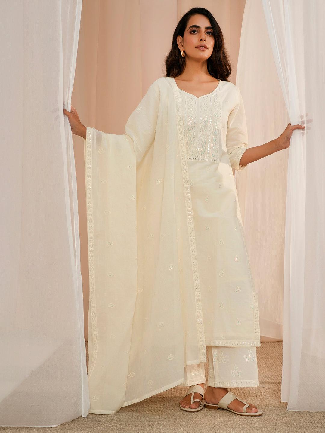 Off White Printed Linen Straight V-Neck Kurta Sets With Dupatta