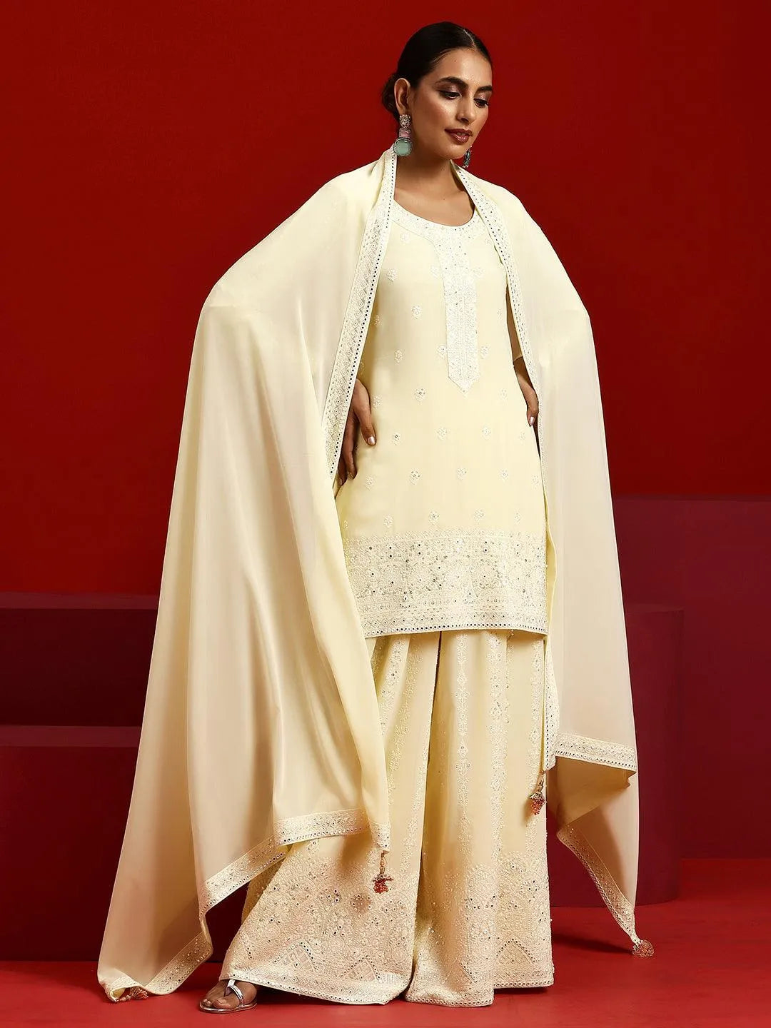 Libas Art Yellow Embroidered Georgette Straight Suit With Dupatta - Libas