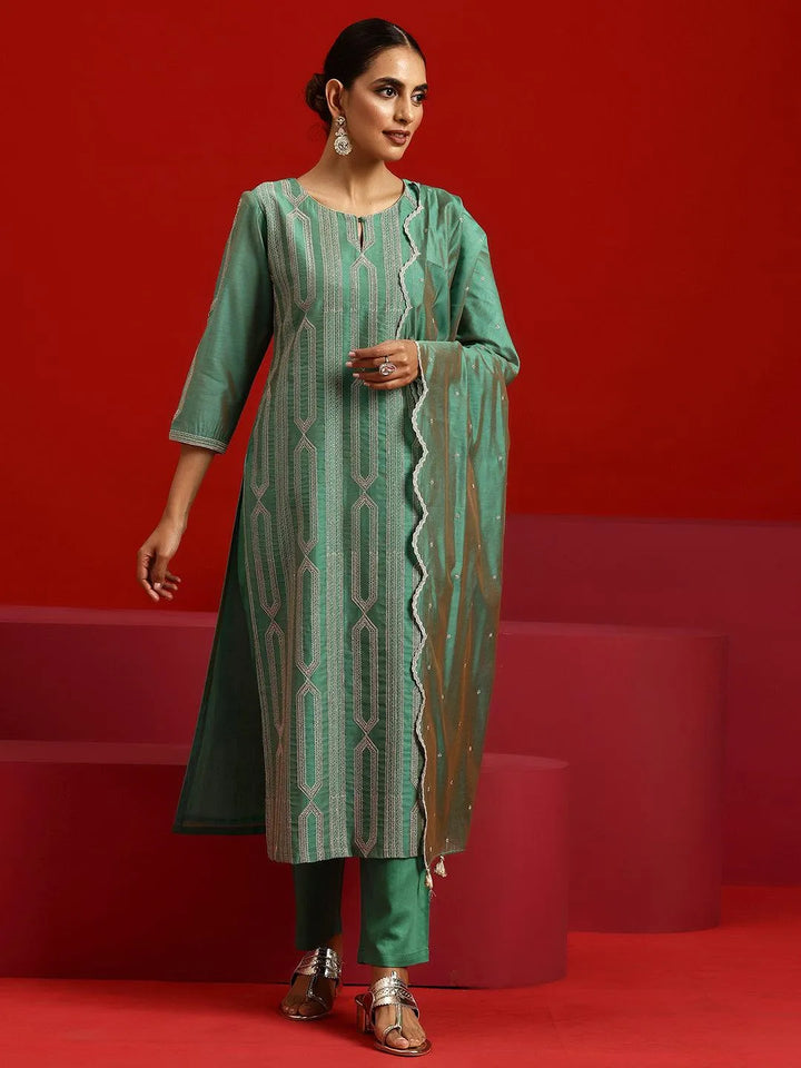 Libas Art Green Embroidered Chanderi Silk Straight Suit With Dupatta - Libas