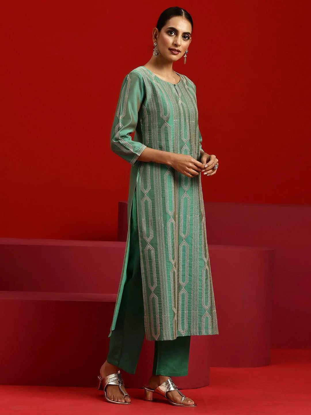 Libas Art Green Embroidered Chanderi Silk Straight Suit With Dupatta - Libas