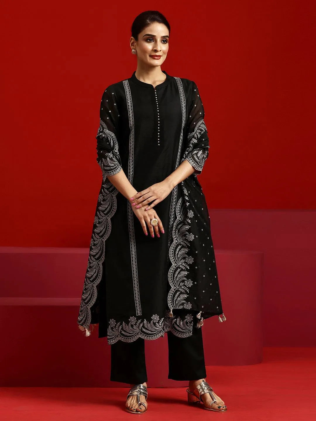 Libas Art Black Embroidered Chanderi Silk Straight Suit With Dupatta - Libas