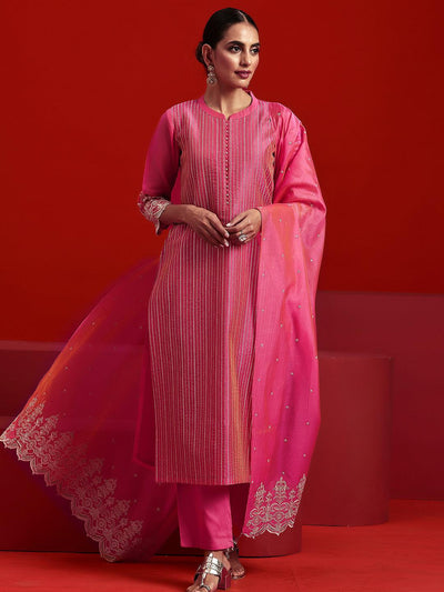 Libas Art Pink Embroidered Chanderi Silk Straight Suit With Dupatta - Libas