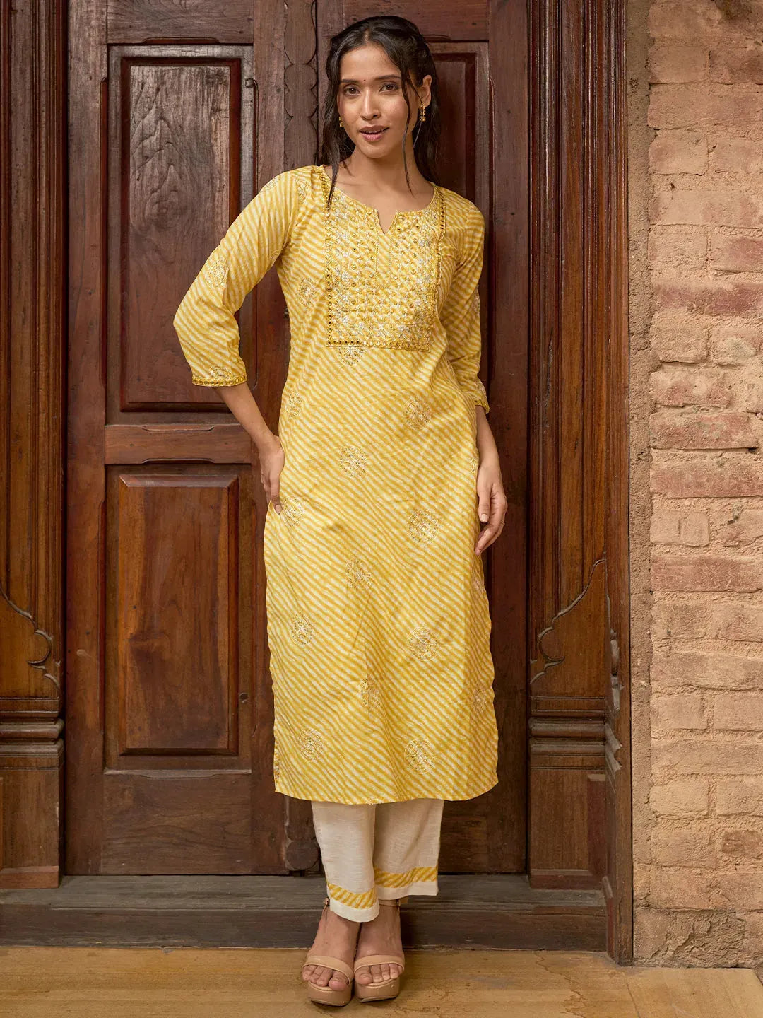 Libas Yellow Leheriya Print Cotton Straight Kurta Set