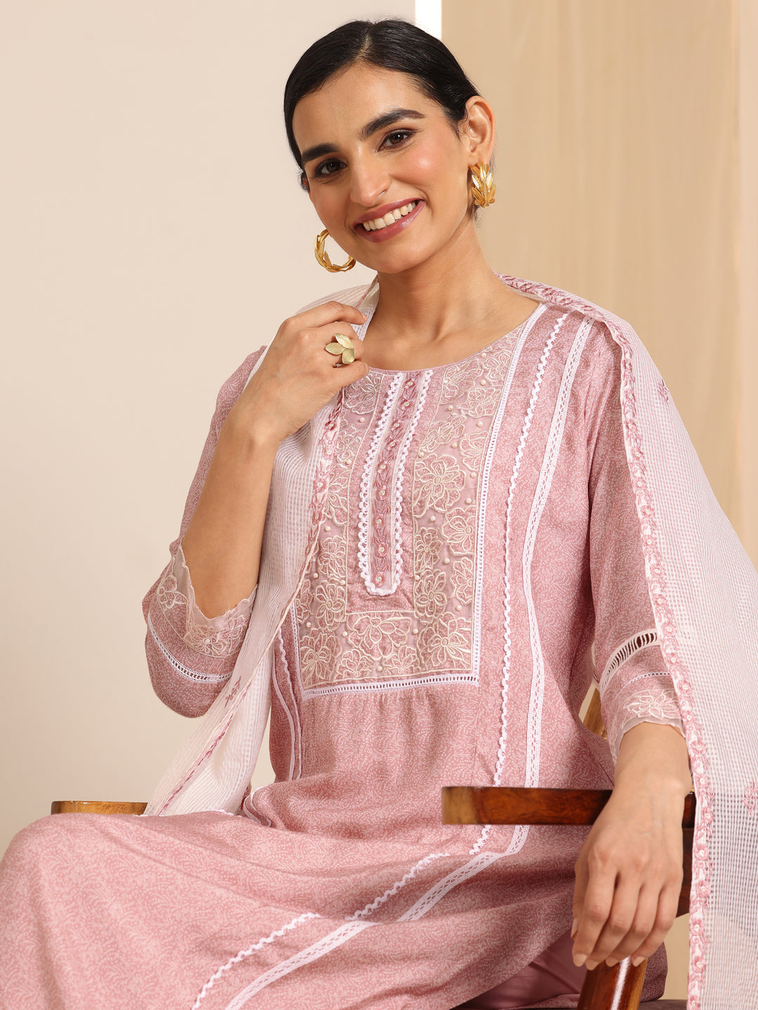 Peach Printed Chanderi Silk Straight Suit With Dupatta