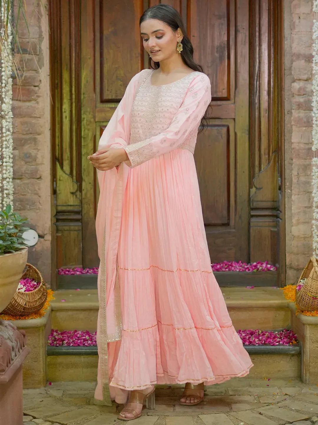 Libas Art Peach Embroidered Cotton Blend A-Line Kurta With Trousers & Dupatta