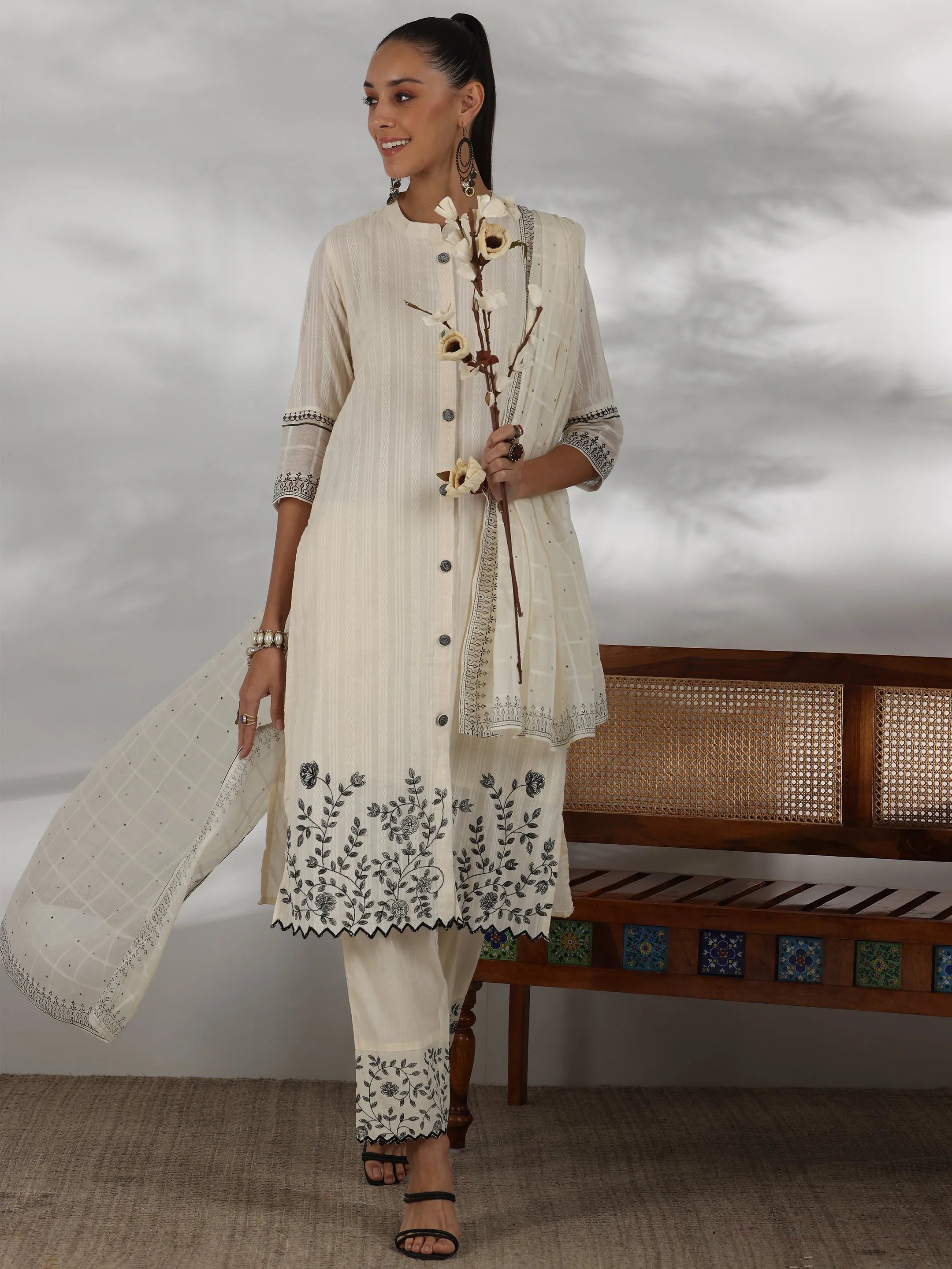 Off white Woven Design Cotton Straight Suit With Dupatta Online at Rs.1977 | Libas