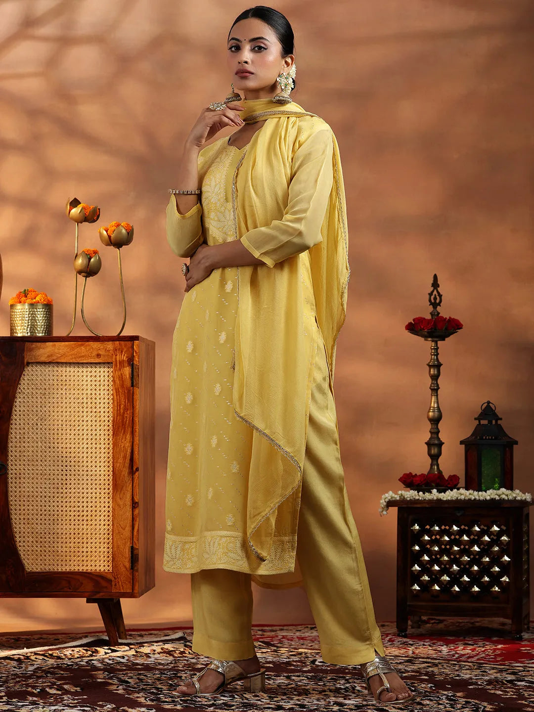 Yellow Embroidered Organza Straight Suit With Dupatta Online at Rs.1926 | Libas