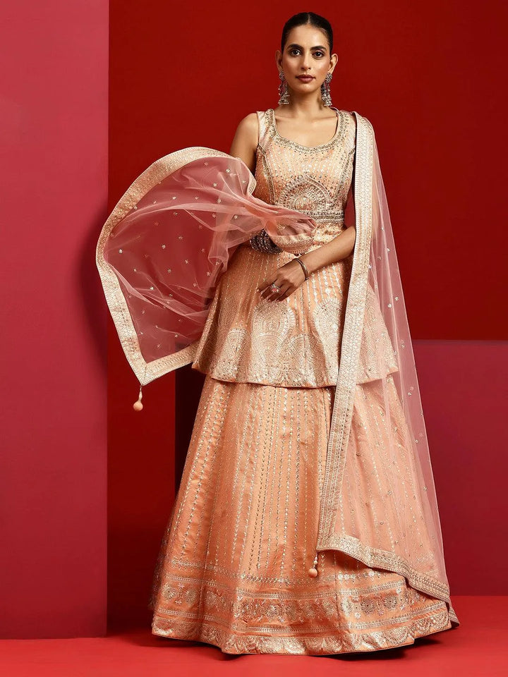 Libas Art Peach Embroidered Silk Blend Lehenga Set - Libas