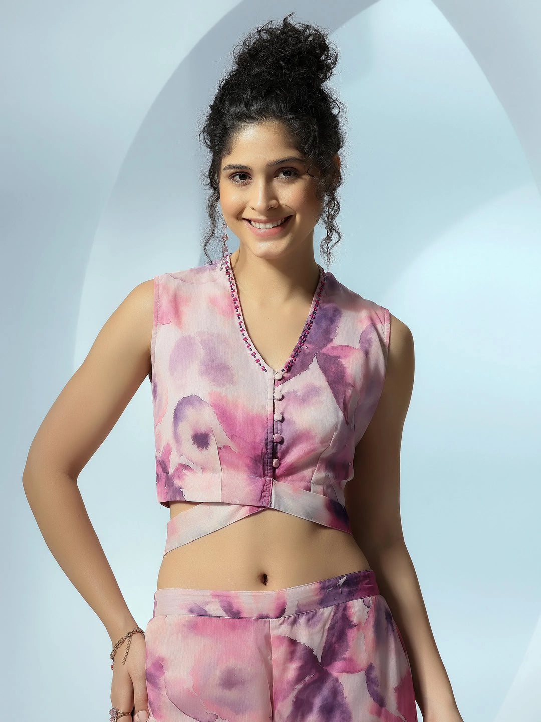 Pink Printed Polyester 3 Piece Co-Ords