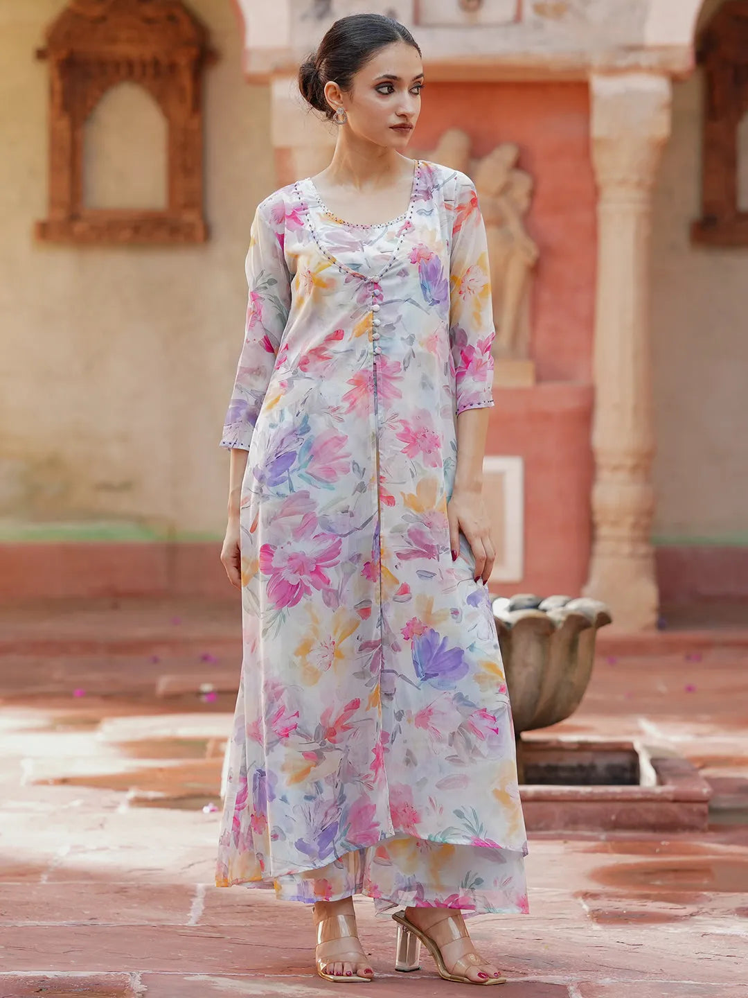 Blue Printed Chiffon 3 Piece Co-Ords