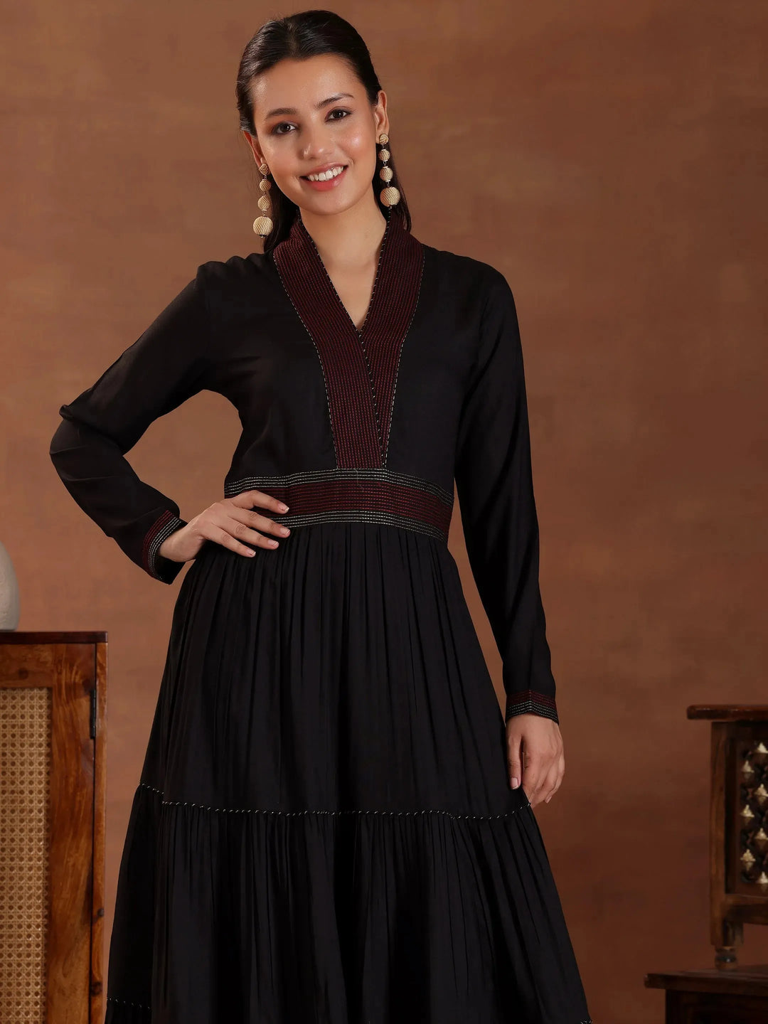 Black Self Design Pure Rayon A-Line Kurta Set