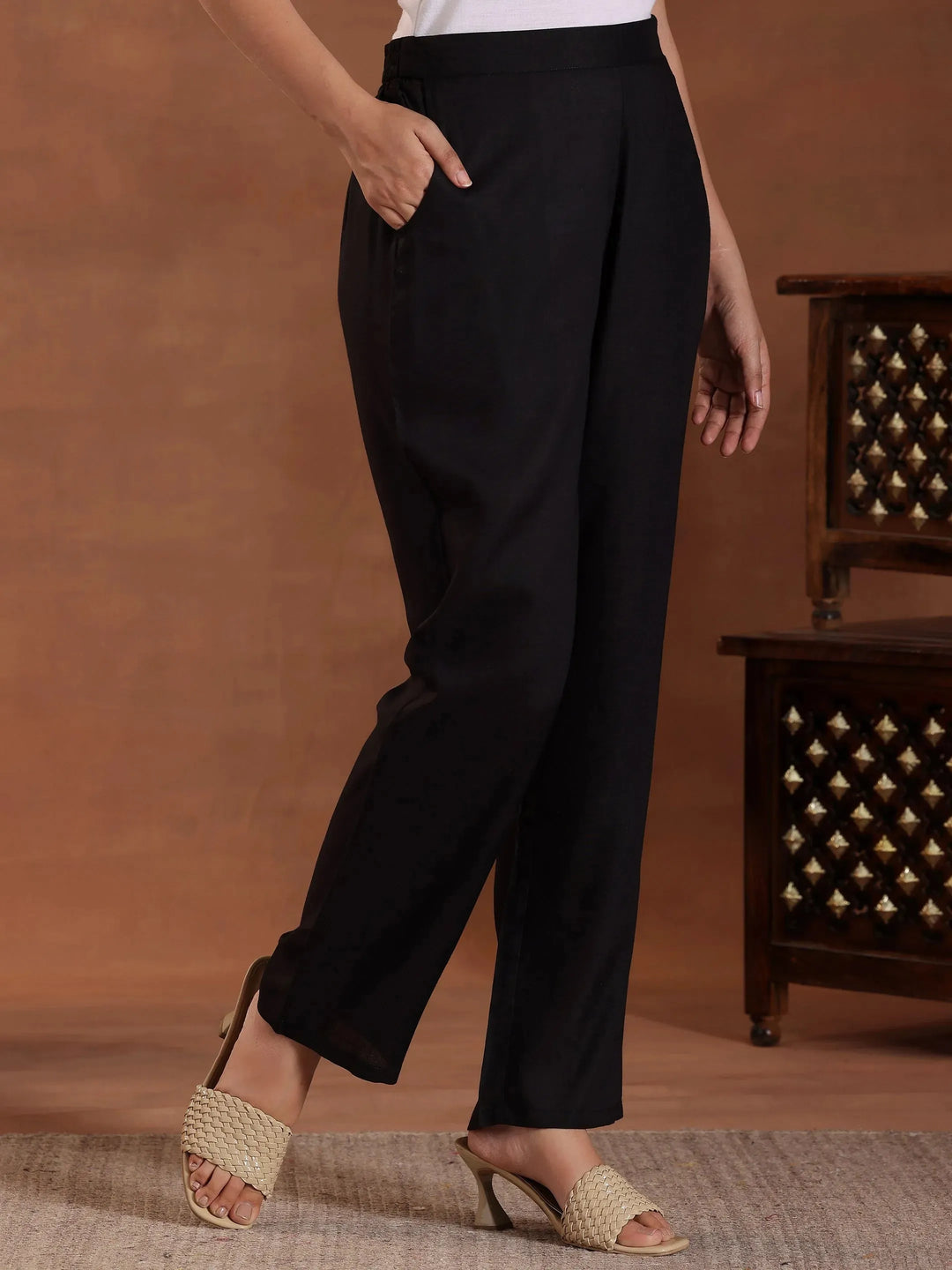 Black Self Design Pure Viscose Rayon A-Line Kurta With Trousers
