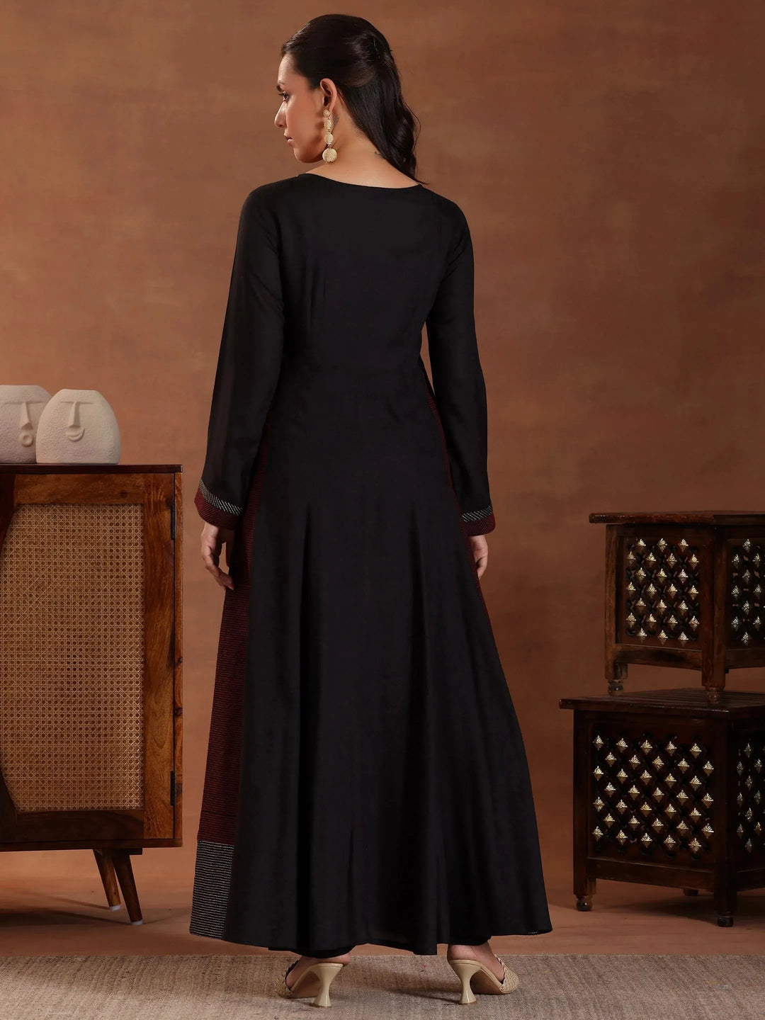 Black Self Design Pure Viscose Rayon A-Line Kurta With Trousers